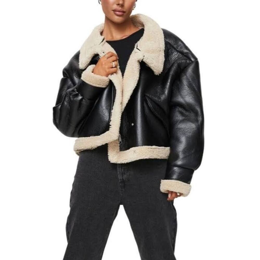 NWT Princess Polly Kimmons Faux Leather Shearling Aviator Jacket Black XS/S